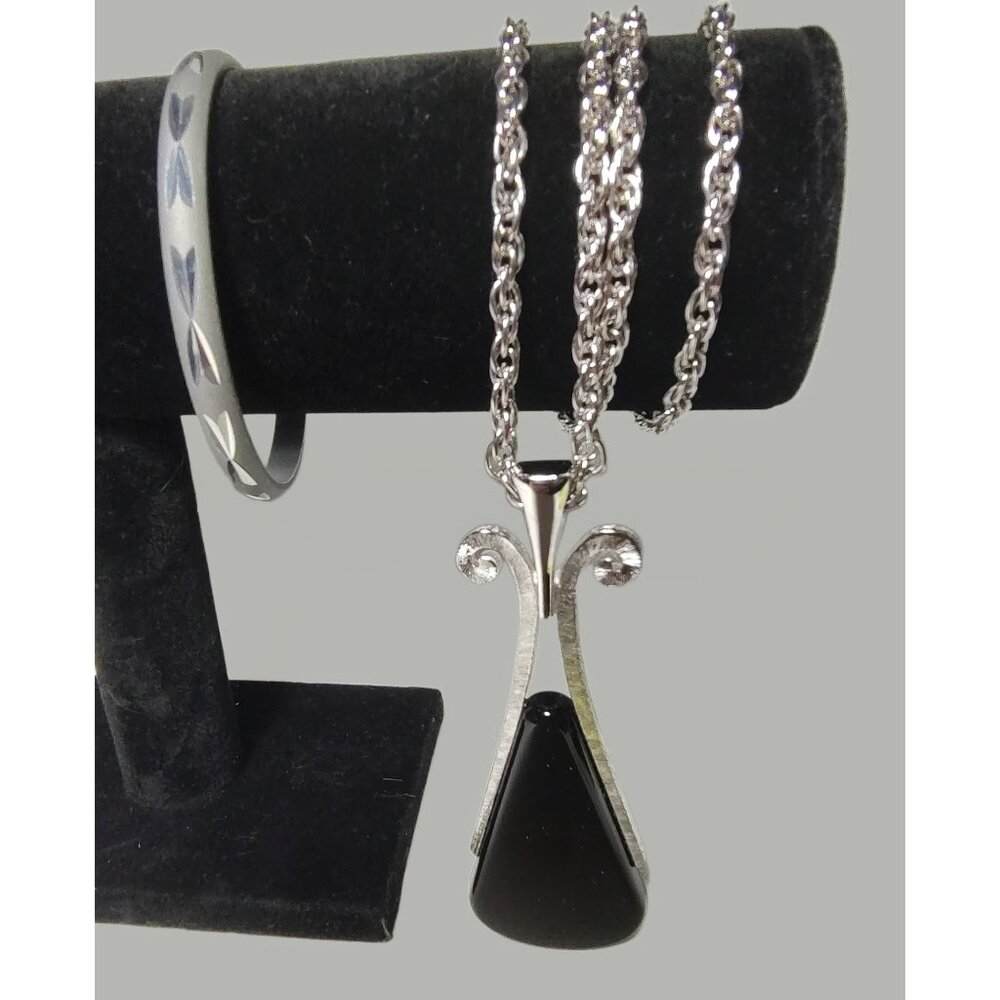 Avon Black Tear Drop Pendant Necklace & Diamond Cut Bangle Bracelet, Vintage